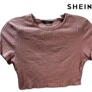 SHEIN Lettuce Trim Rib-knit Crop Tee Pink Medium